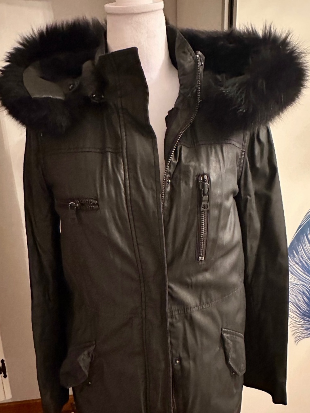 Alice + Olivia Black coated parka with multicolored genuine fox fur vest/lining